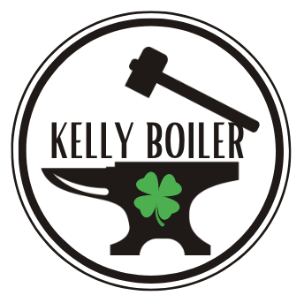 Kelly Boiler logo featuring an anvil and hammer, symbolizing reliable heating solutions and boiler services.