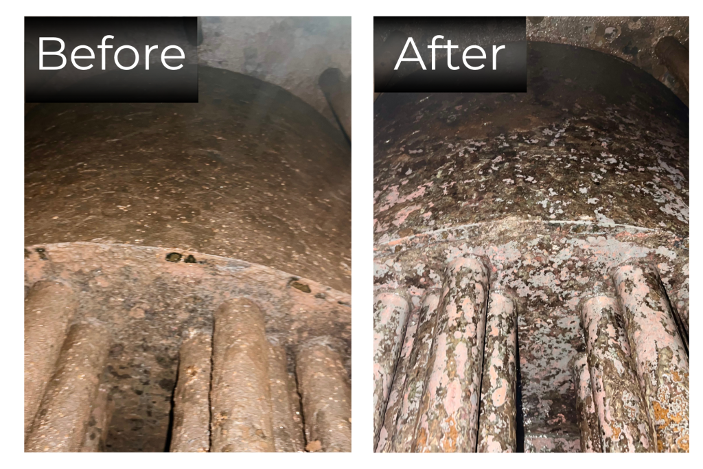 Before and after images of a boiler clean-out, showcasing significant improvement in cleanliness and maintenance, highlighting the importance of professional boiler services.