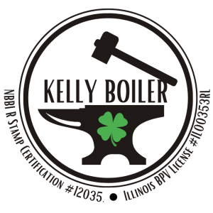 Kelly Boiler logo featuring an anvil, green clover, and a gavel, representing NBBI R Stamp Certification and Illinois BPV License, emphasizing boiler repair and maintenance services.