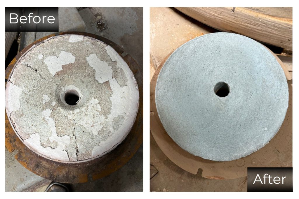 Worn and restored industrial refractory material before and after repair.