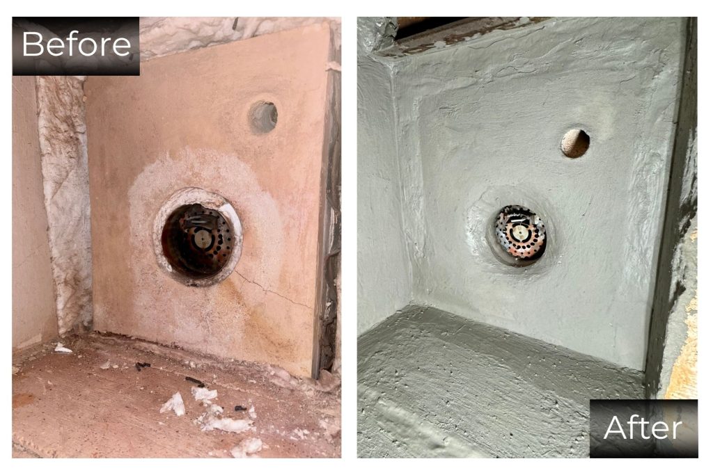 Before and after image of refractory repair and restoration in industrial boiler.